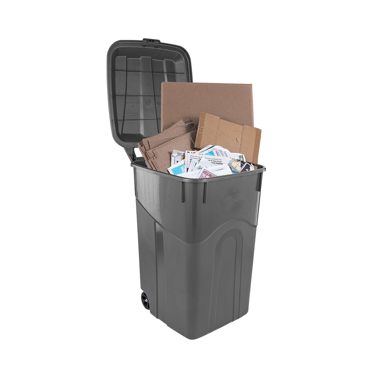 Hyper Tough 45 Gallon Wheeled Heavy Duty Plastic Garbage Can, Attached Lid, Black
