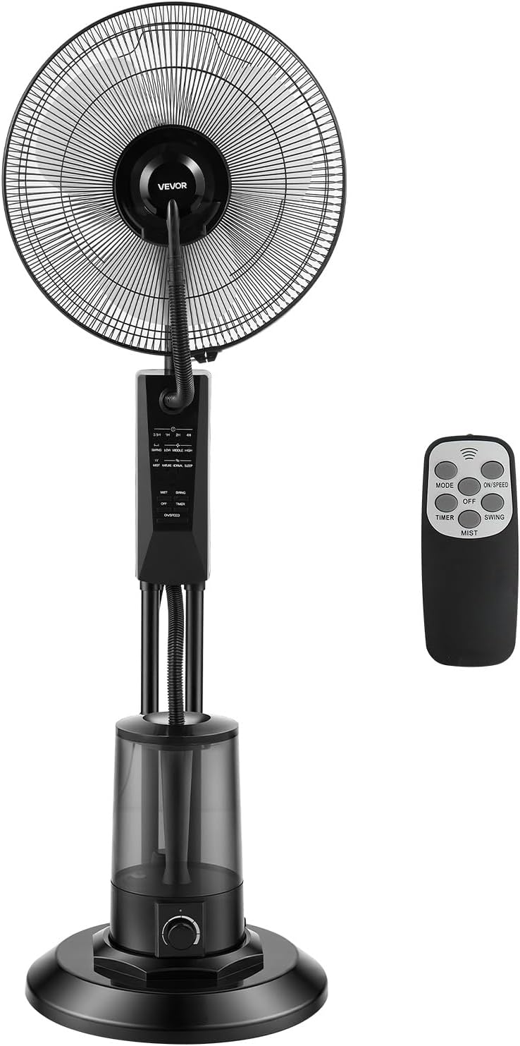 VEVOR Misting Fan, 3 Wind Speeds Misting Standing Fan, Mister Cooling Fans with 0.79 gal Water Tank, Remote & Panel Control, Water Cooling Fans for Indoor, Outdoor, Garage, Patio, Living Room, 3 Modes