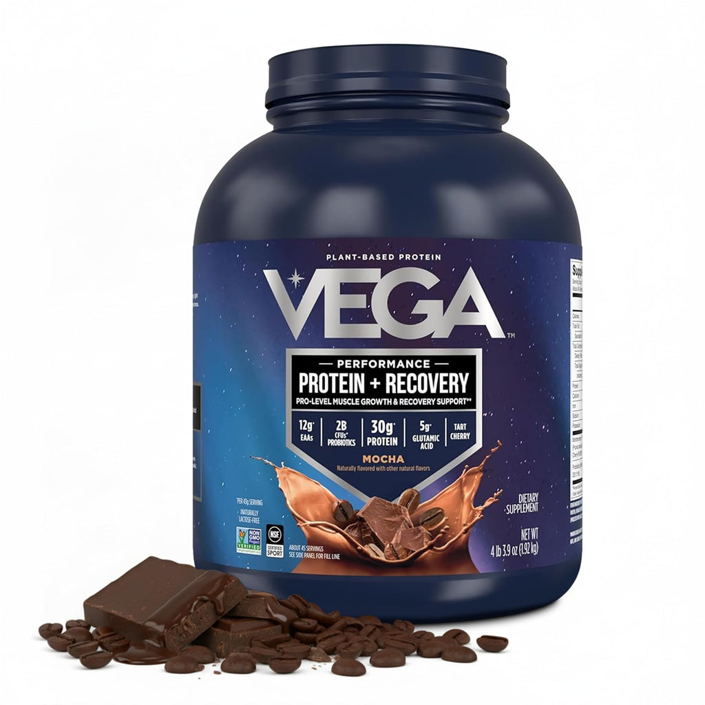 Vega Protein + Recovery, Chocolate – 30g Vegan Protein, Dairy & Gluten Free, Probiotics, NSF Certified, 4.4 lbs (45 Servings)