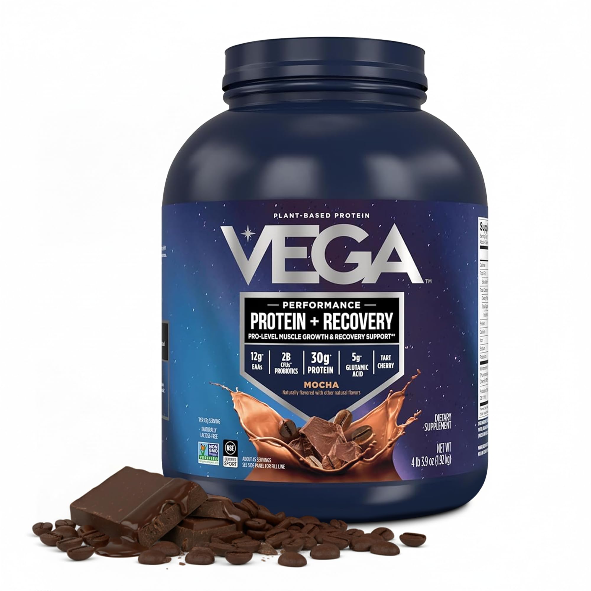 Vega Protein + Recovery, Chocolate – 30g Vegan Protein, Dairy & Gluten Free, Probiotics, NSF Certified, 4.4 lbs (45 Servings)