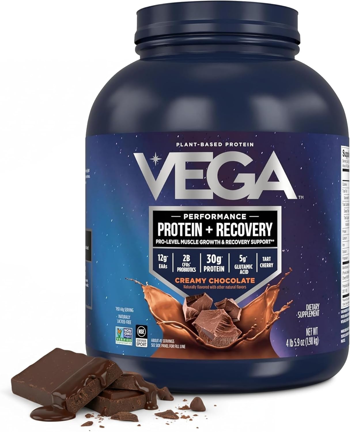 Vega Protein + Recovery, Chocolate – 30g Vegan Protein, Dairy & Gluten Free, Probiotics, NSF Certified, 4.4 lbs (45 Servings)