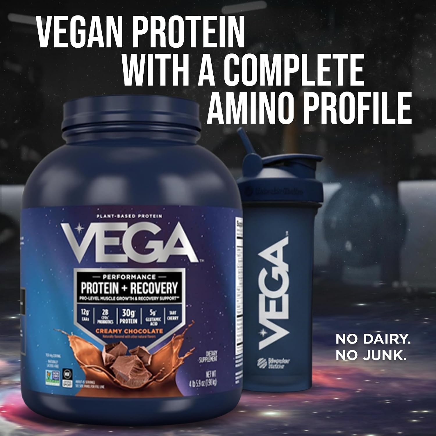 Vega Protein + Recovery, Chocolate – 30g Vegan Protein, Dairy & Gluten Free, Probiotics, NSF Certified, 4.4 lbs (45 Servings)