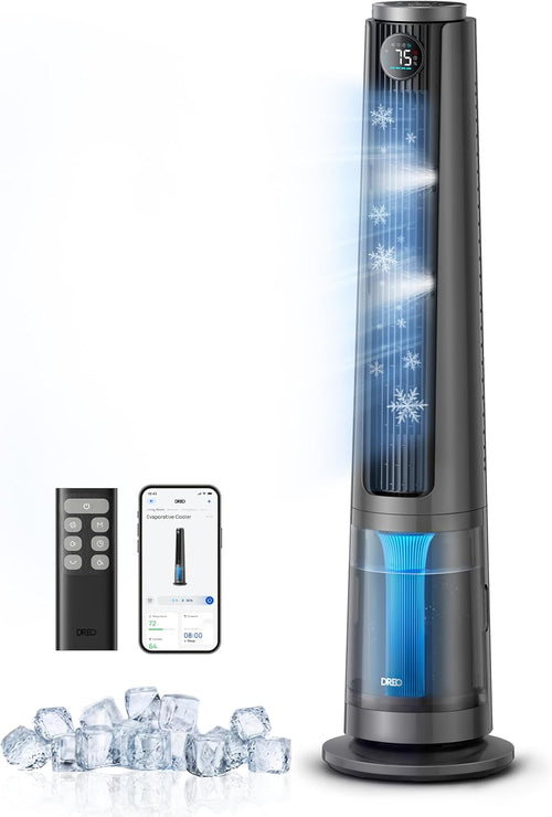 DREO TurboCool Misting Fan 765S, Fans that Blow Cold Air, 10°F Cooling, 34ft/s Fast Evaporative Air Cooler, 6L Tank, 20 dB Quiet DC Motor, 90° Tower Fan with 12 Speeds, 4 Modes for Home, Grey