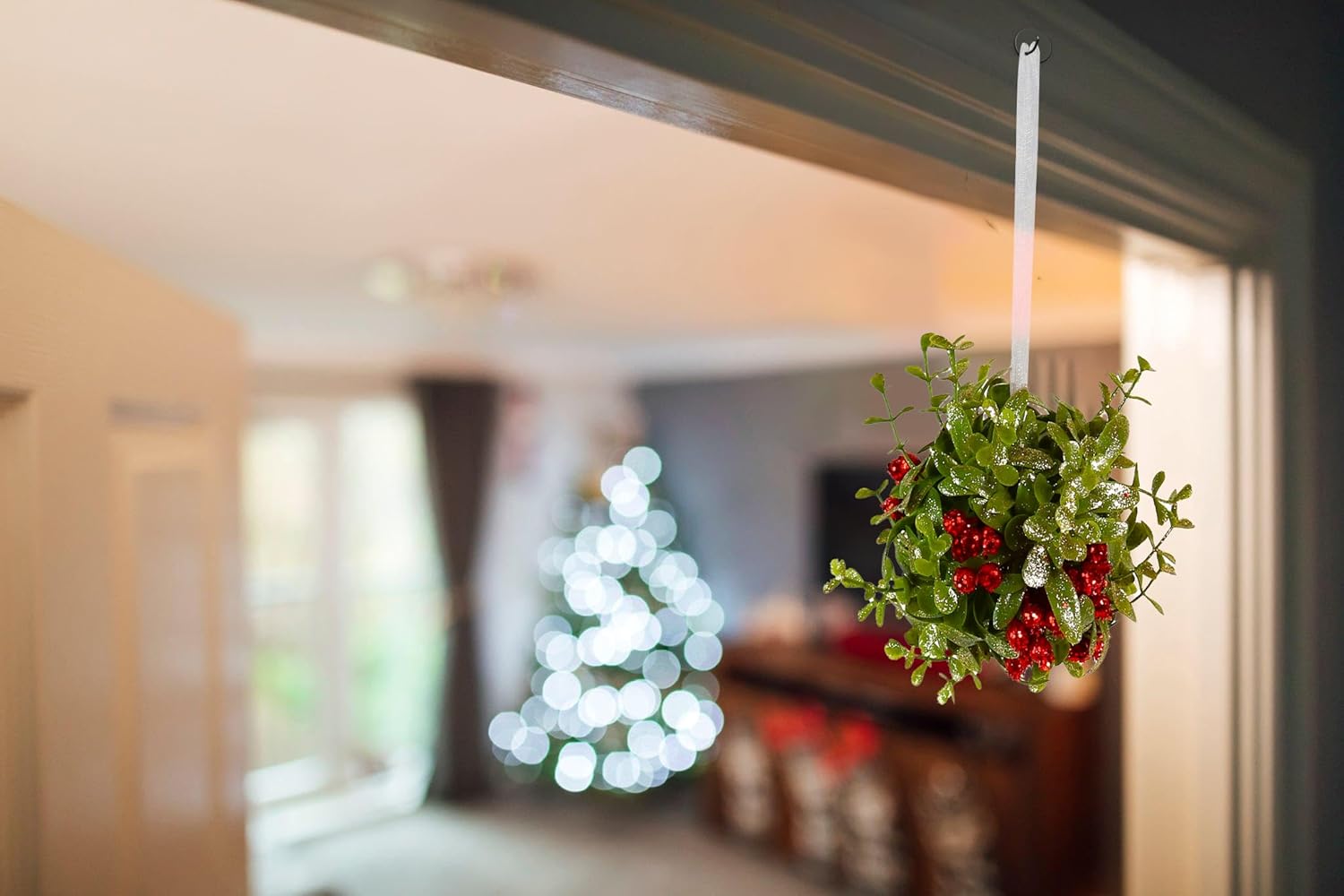 Ornativity Mistletoe Glitter Hanging Ornament - Christmas Mistletoe Kissing Ball with Red Berries Holiday Kiss Xmas Decoration for Doorway Arch Light Fixture 5"