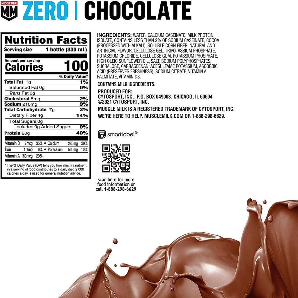 Muscle Milk Zero Protein Shake, Chocolate, 11.2 Fl Oz (Pack of 12), 20g Protein, Zero Sugar, 100 Calories, Calcium, Vitamins A, C & D, 4g Fiber, Energizing Snack, Workout Recovery, Packaging May Vary