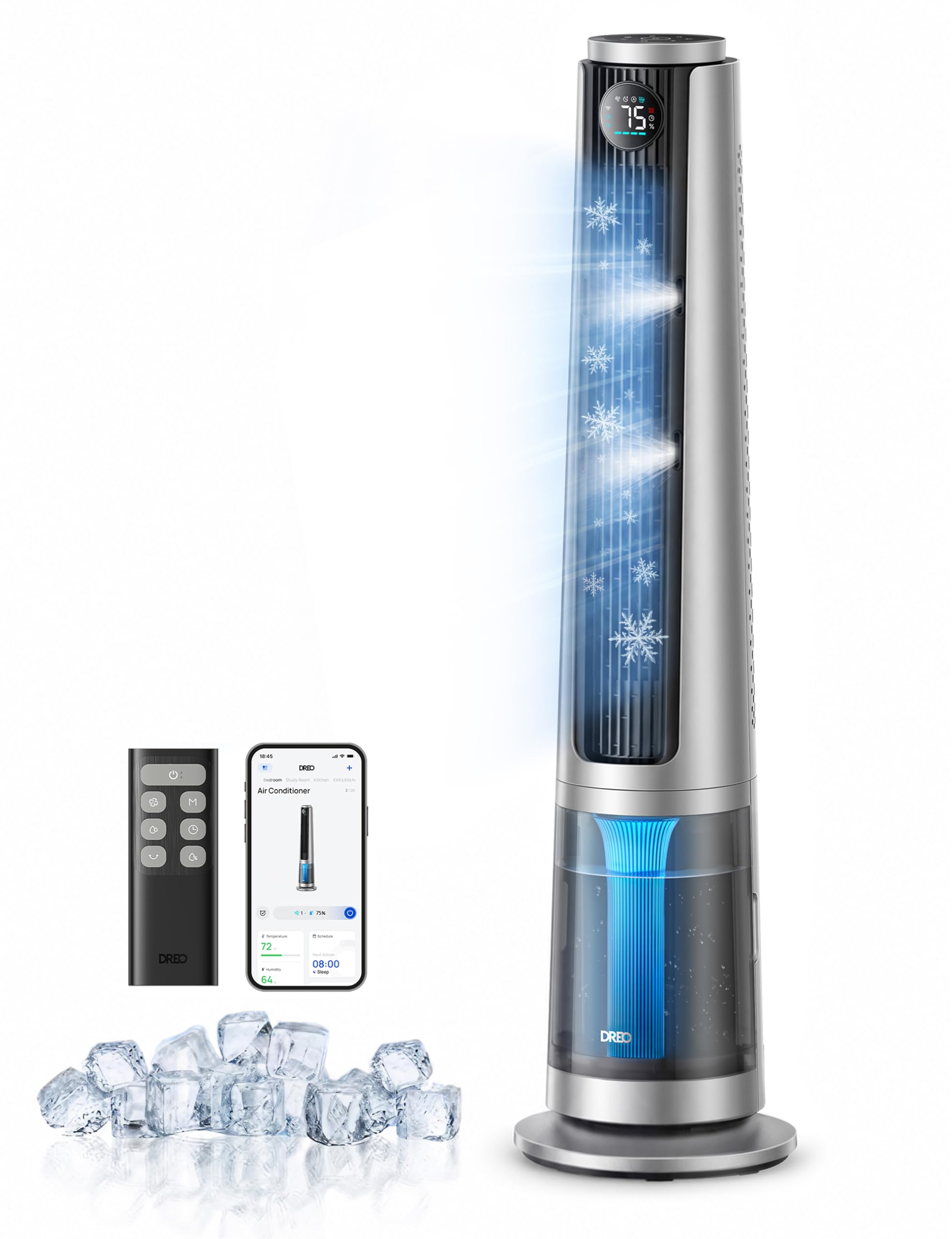 DREO TurboCool Misting Fan 765S, Fans that Blow Cold Air, 10°F Cooling, 34ft/s Fast Evaporative Air Cooler, 6L Tank, 20 dB Quiet DC Motor, 90° Tower Fan with 12 Speeds, 4 Modes for Home, Grey