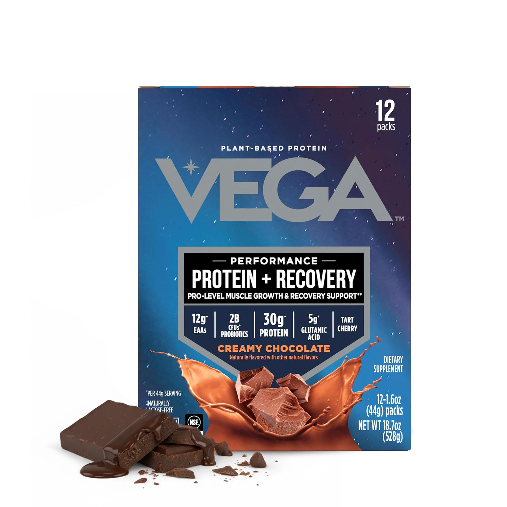 Vega Protein + Recovery, Chocolate – 30g Vegan Protein, Dairy & Gluten Free, Probiotics, NSF Certified, 4.4 lbs (45 Servings)