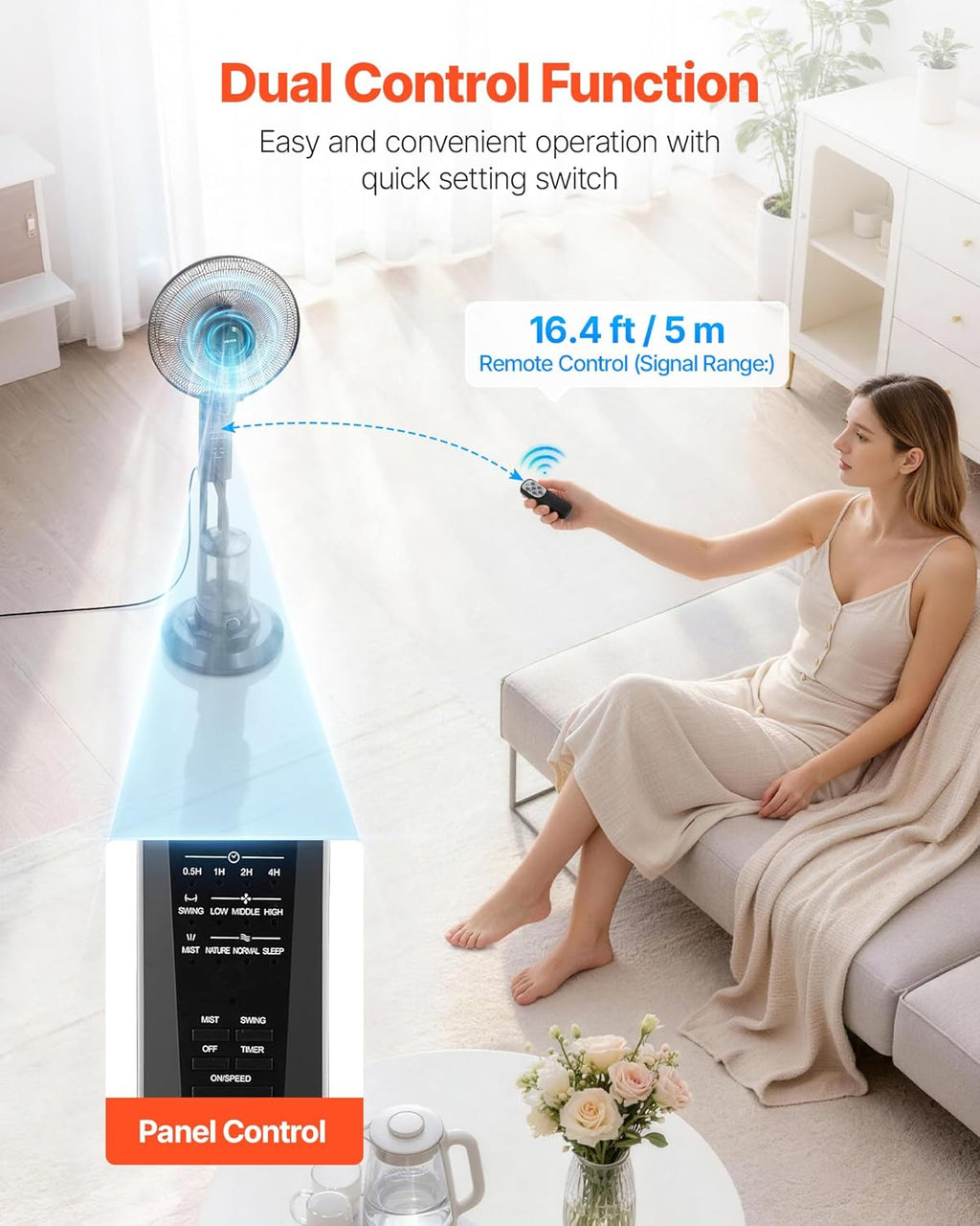 VEVOR Misting Fan, 3 Wind Speeds Misting Standing Fan, Mister Cooling Fans with 0.79 gal Water Tank, Remote & Panel Control, Water Cooling Fans for Indoor, Outdoor, Garage, Patio, Living Room, 3 Modes