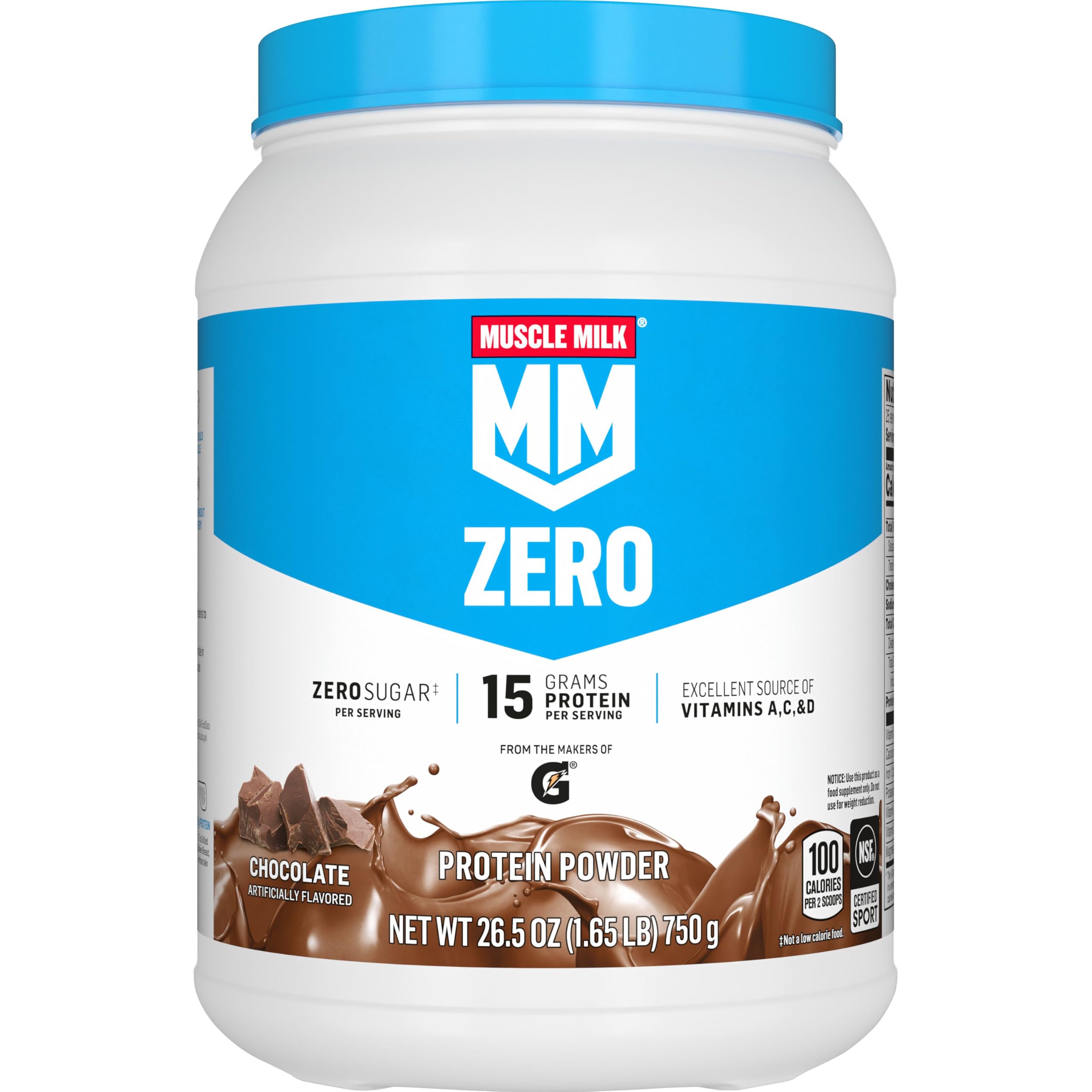 Muscle Milk ZERO, 100 Calorie Protein Powder, Chocolate, 15g Protein, 1.65 Pound, 25 Servings