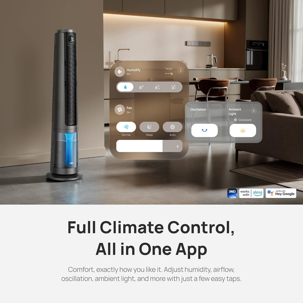 DREO TurboCool Misting Fan 765S, Fans that Blow Cold Air, 10°F Cooling, 34ft/s Fast Evaporative Air Cooler, 6L Tank, 20 dB Quiet DC Motor, 90° Tower Fan with 12 Speeds, 4 Modes for Home, Grey