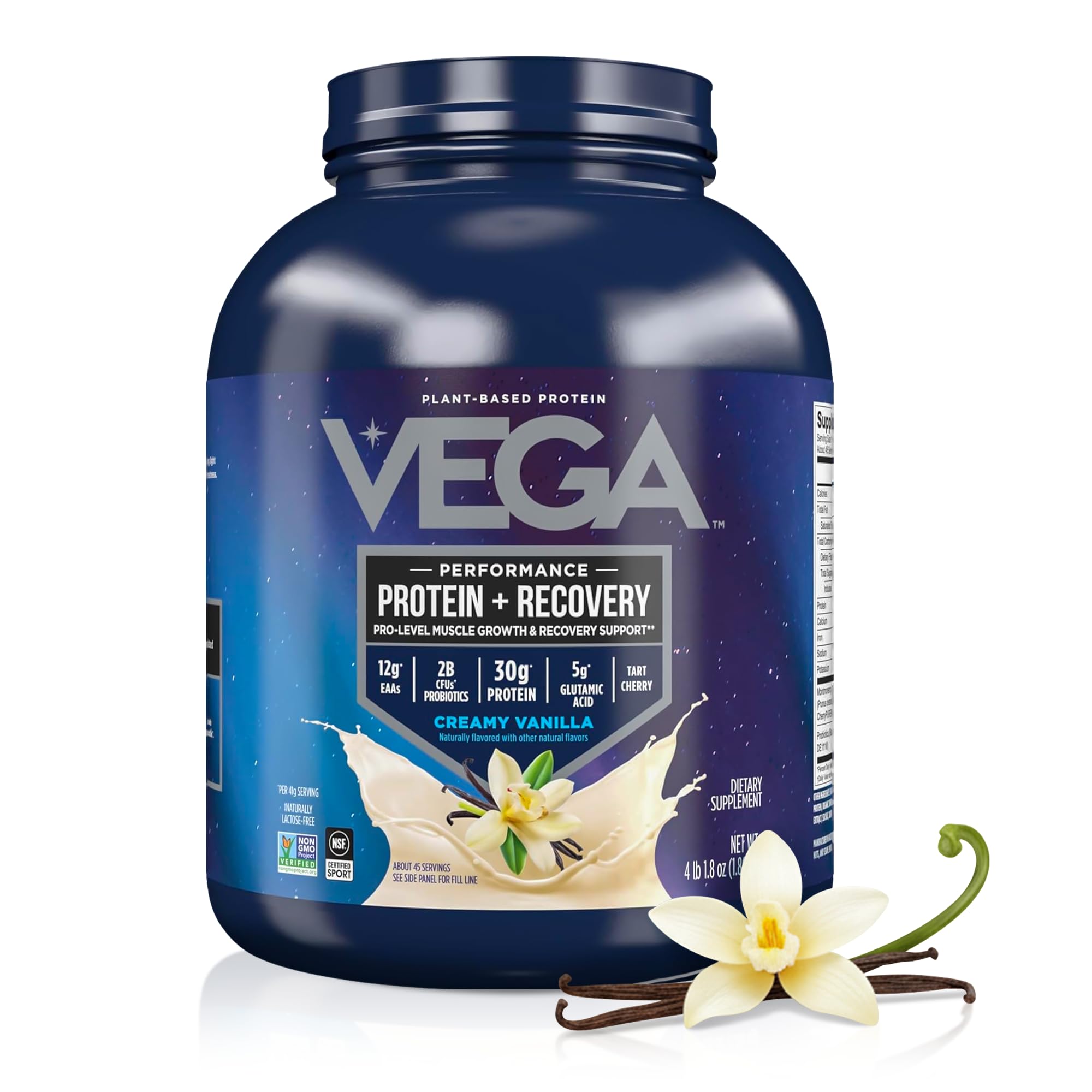 Vega Protein + Recovery, Chocolate – 30g Vegan Protein, Dairy & Gluten Free, Probiotics, NSF Certified, 4.4 lbs (45 Servings)