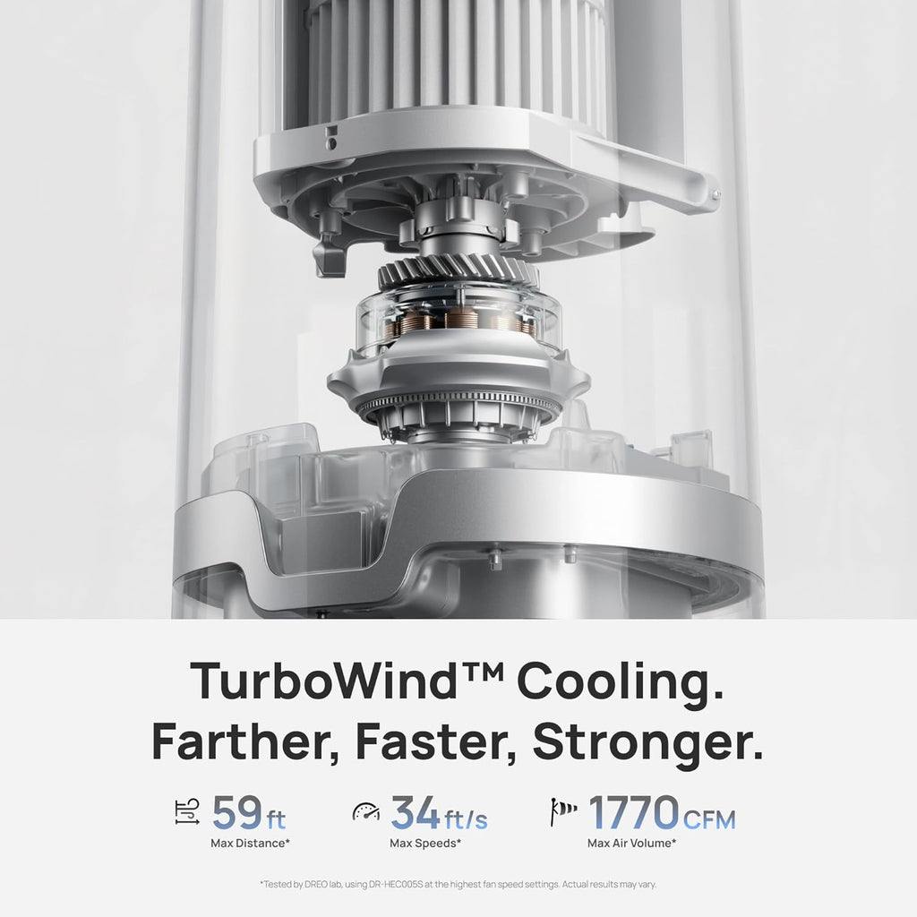 DREO TurboCool Misting Fan 765S, Fans that Blow Cold Air, 10°F Cooling, 34ft/s Fast Evaporative Air Cooler, 6L Tank, 20 dB Quiet DC Motor, 90° Tower Fan with 12 Speeds, 4 Modes for Home, Grey