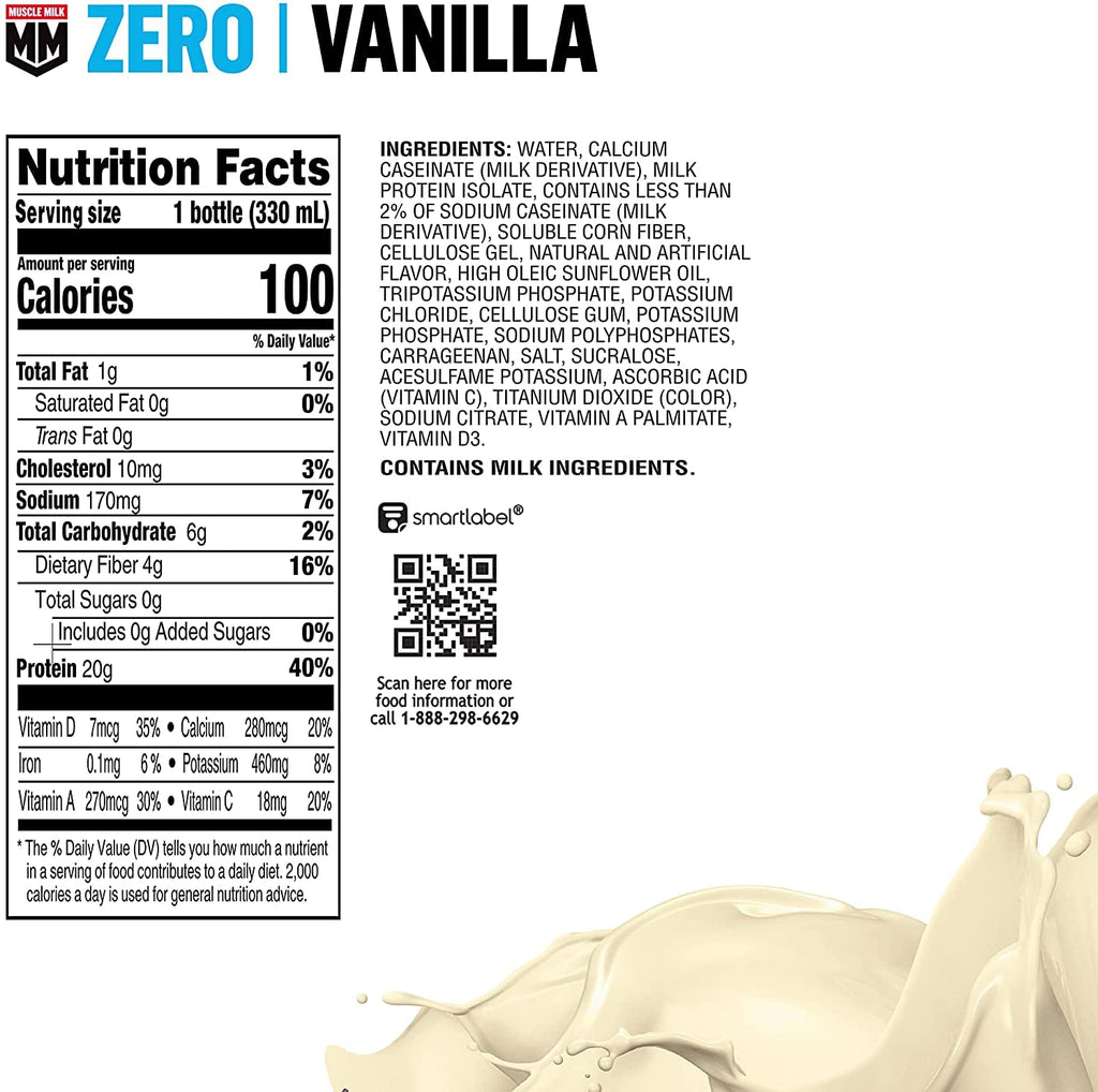 Muscle Milk Zero Protein Shake, Vanilla Crème, 20g Protein, Zero Sugar, 100 Calories, Calcium, Vitamins A, C & D, 4g Fiber, Energizing Snack, Workout Recovery, Packaging May Vary 11.16 Fl Oz (Pack of 12)