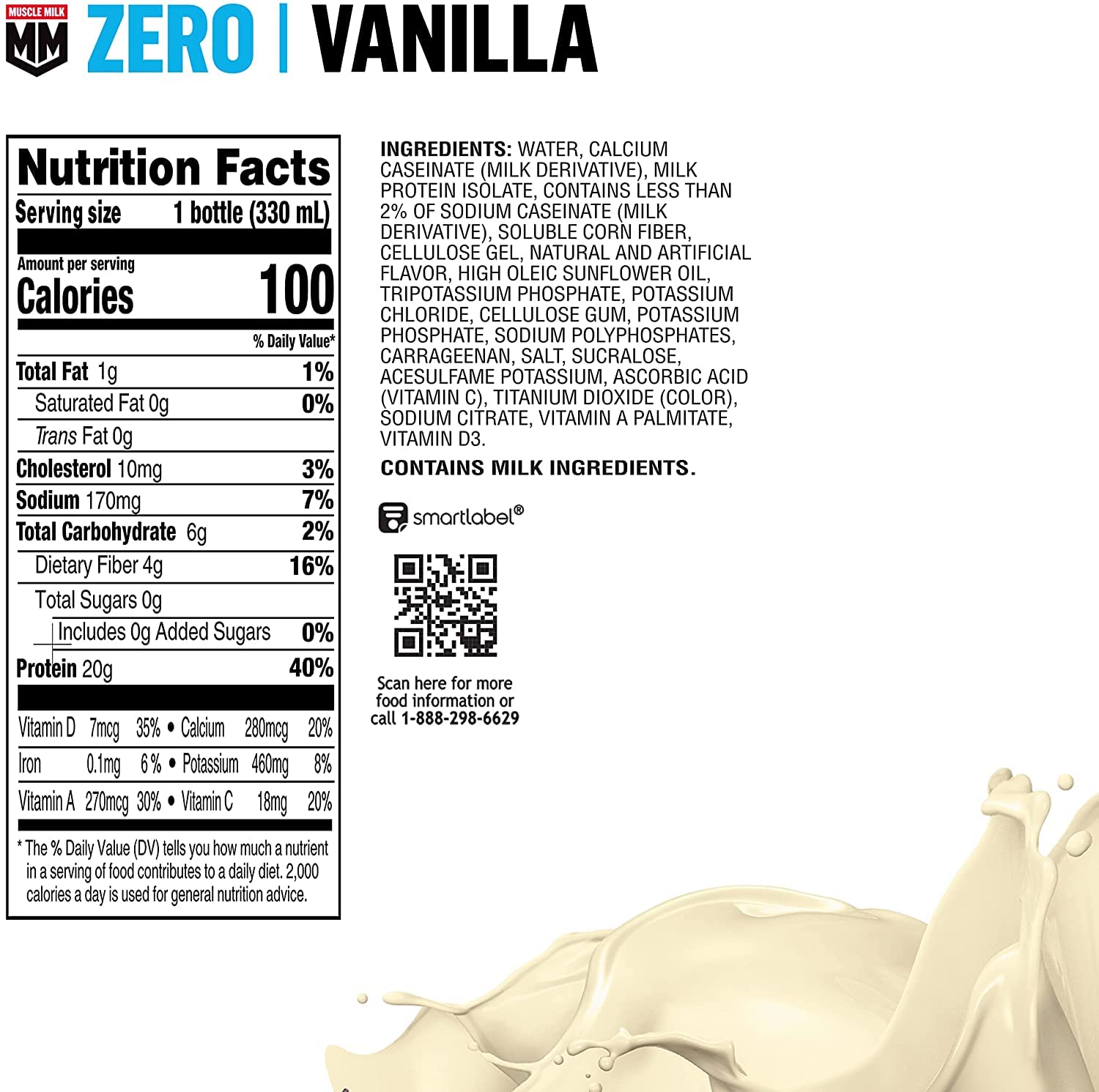 Muscle Milk Zero Protein Shake, Vanilla Crème, 20g Protein, Zero Sugar, 100 Calories, Calcium, Vitamins A, C & D, 4g Fiber, Energizing Snack, Workout Recovery, Packaging May Vary 11.16 Fl Oz (Pack of 12)