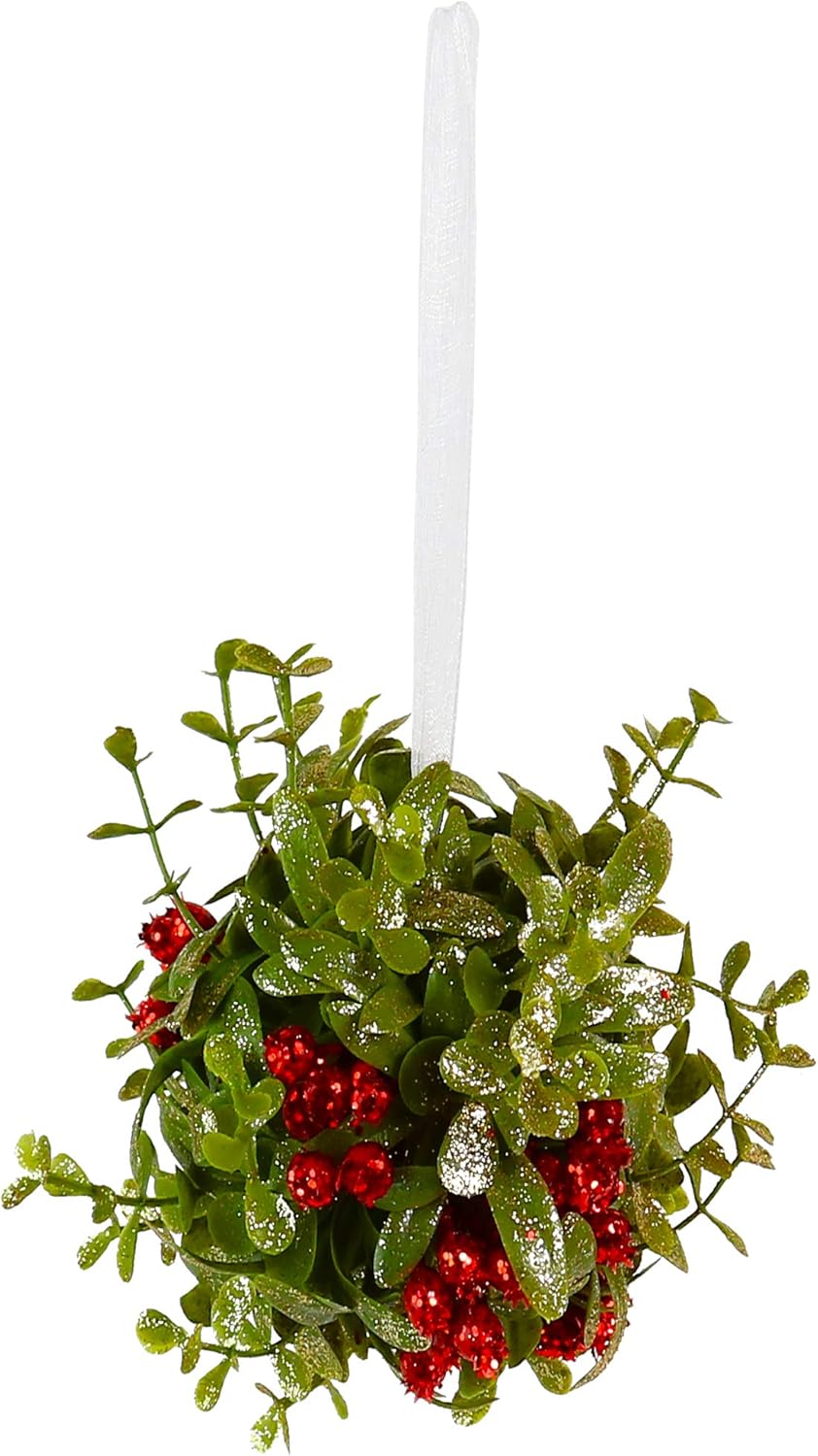 Ornativity Mistletoe Glitter Hanging Ornament - Christmas Mistletoe Kissing Ball with Red Berries Holiday Kiss Xmas Decoration for Doorway Arch Light Fixture 5"
