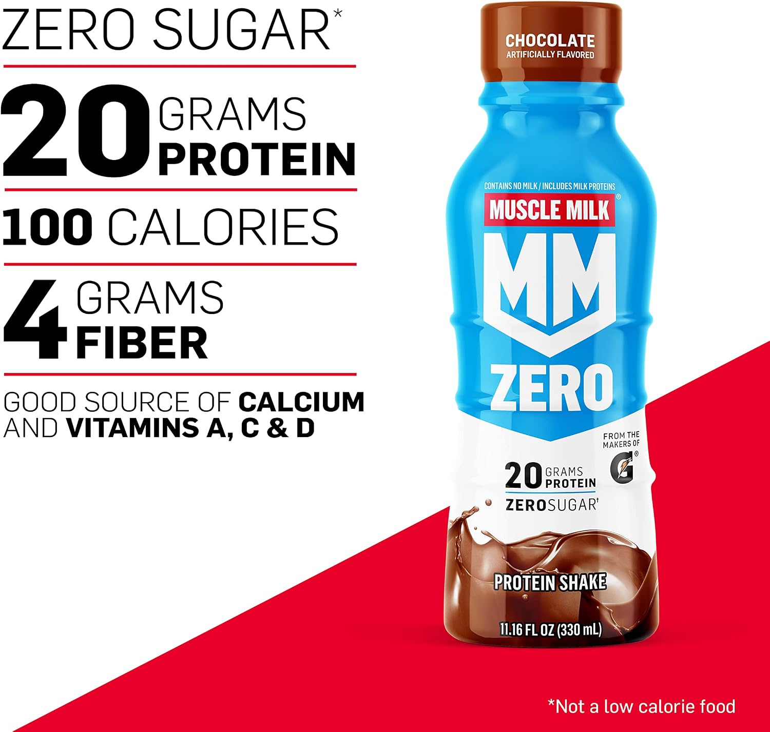 Muscle Milk Zero Protein Shake, Chocolate, 11.2 Fl Oz (Pack of 12), 20g Protein, Zero Sugar, 100 Calories, Calcium, Vitamins A, C & D, 4g Fiber, Energizing Snack, Workout Recovery, Packaging May Vary