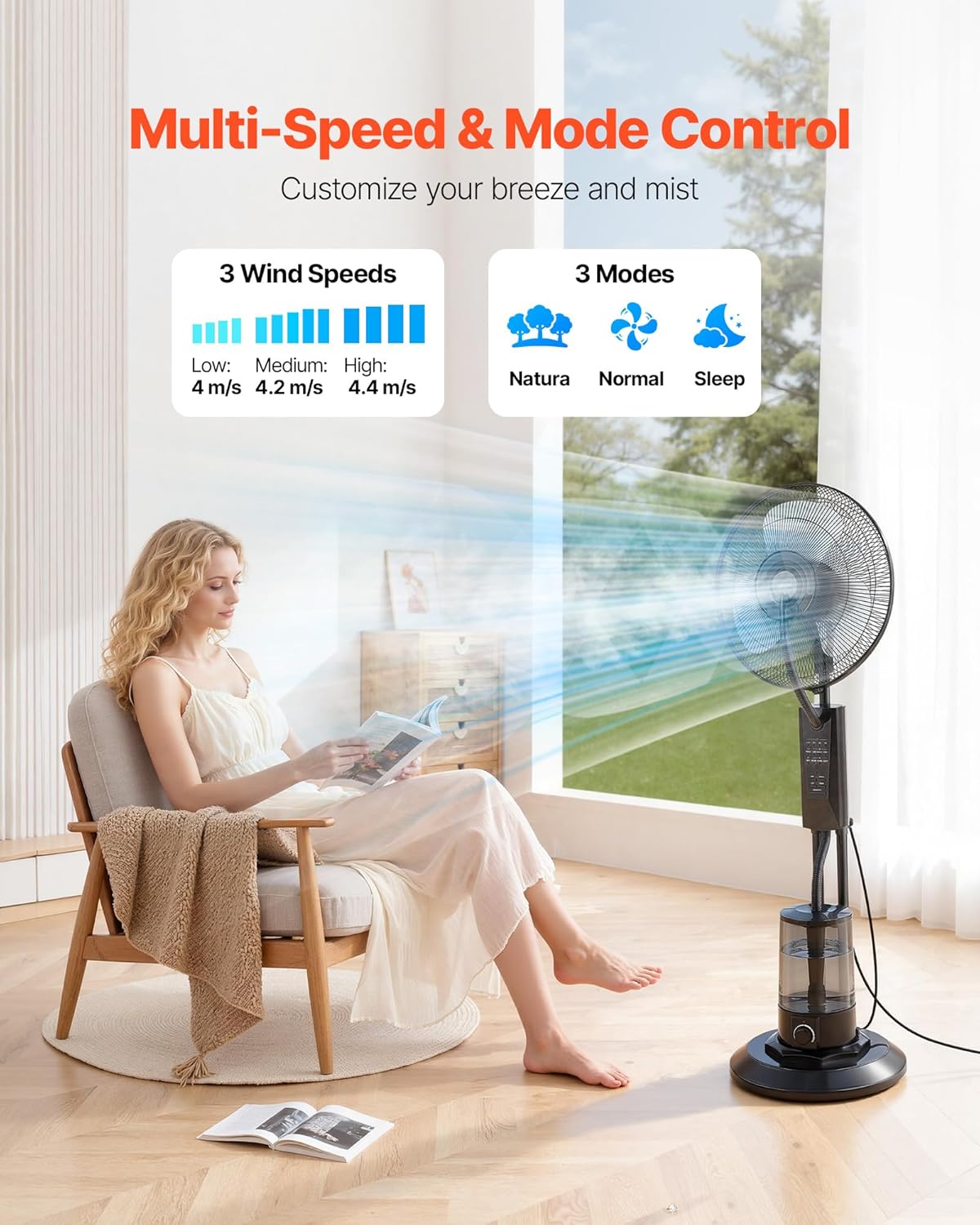 VEVOR Misting Fan, 3 Wind Speeds Misting Standing Fan, Mister Cooling Fans with 0.79 gal Water Tank, Remote & Panel Control, Water Cooling Fans for Indoor, Outdoor, Garage, Patio, Living Room, 3 Modes