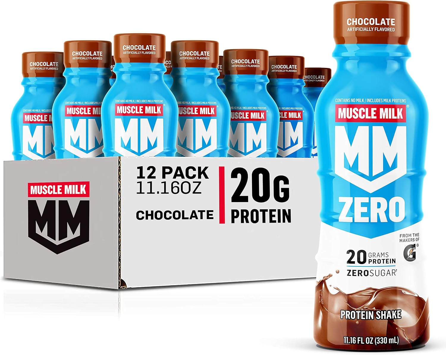 Muscle Milk Zero Protein Shake, Chocolate, 11.2 Fl Oz (Pack of 12), 20g Protein, Zero Sugar, 100 Calories, Calcium, Vitamins A, C & D, 4g Fiber, Energizing Snack, Workout Recovery, Packaging May Vary