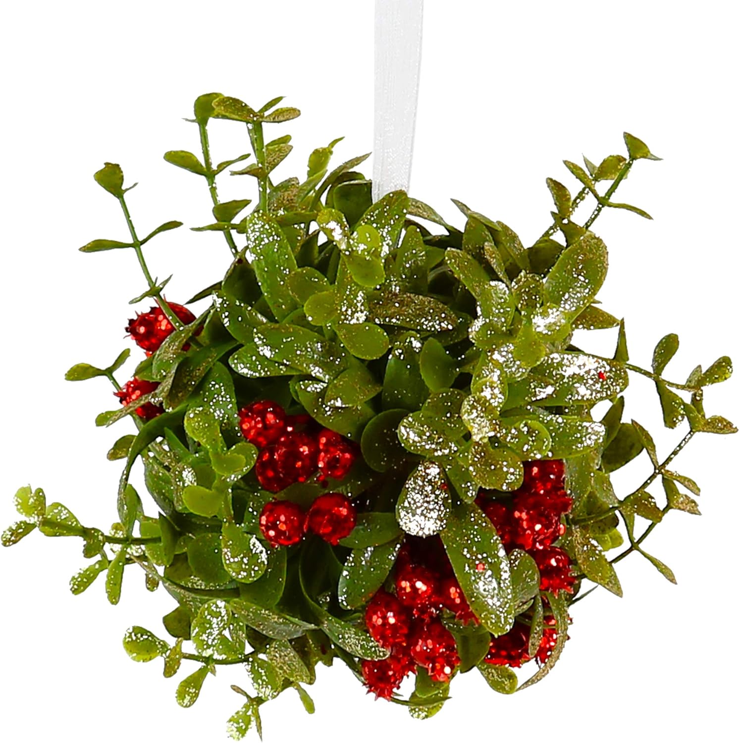 Ornativity Mistletoe Glitter Hanging Ornament - Christmas Mistletoe Kissing Ball with Red Berries Holiday Kiss Xmas Decoration for Doorway Arch Light Fixture 5"