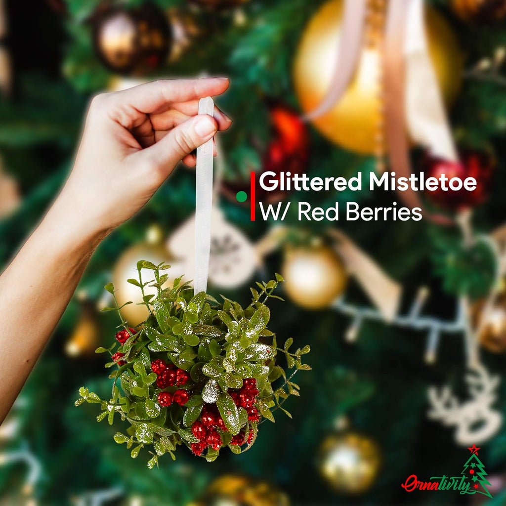 Ornativity Mistletoe Glitter Hanging Ornament - Christmas Mistletoe Kissing Ball with Red Berries Holiday Kiss Xmas Decoration for Doorway Arch Light Fixture 5"