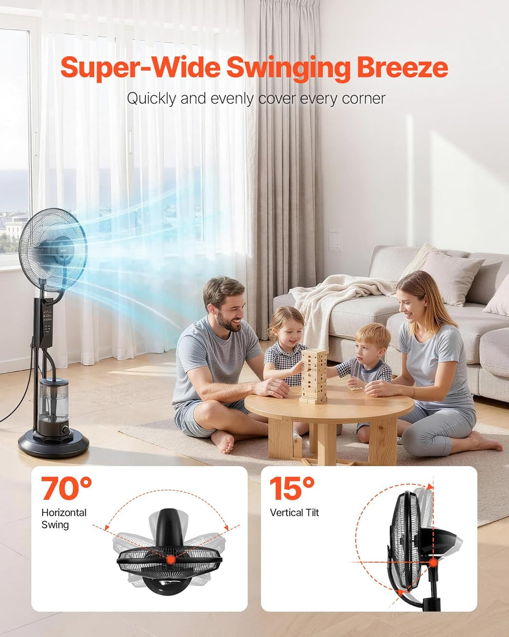 VEVOR Misting Fan, 3 Wind Speeds Misting Standing Fan, Mister Cooling Fans with 0.79 gal Water Tank, Remote & Panel Control, Water Cooling Fans for Indoor, Outdoor, Garage, Patio, Living Room, 3 Modes