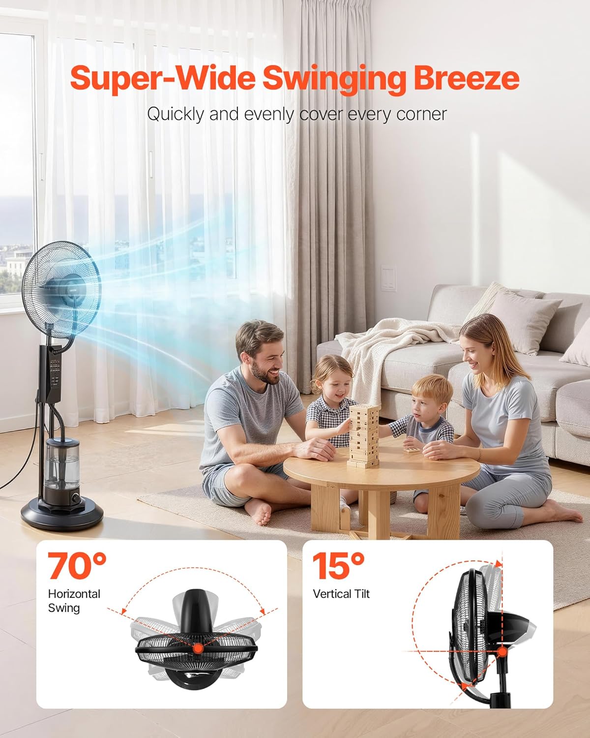 VEVOR Misting Fan, 3 Wind Speeds Misting Standing Fan, Mister Cooling Fans with 0.79 gal Water Tank, Remote & Panel Control, Water Cooling Fans for Indoor, Outdoor, Garage, Patio, Living Room, 3 Modes