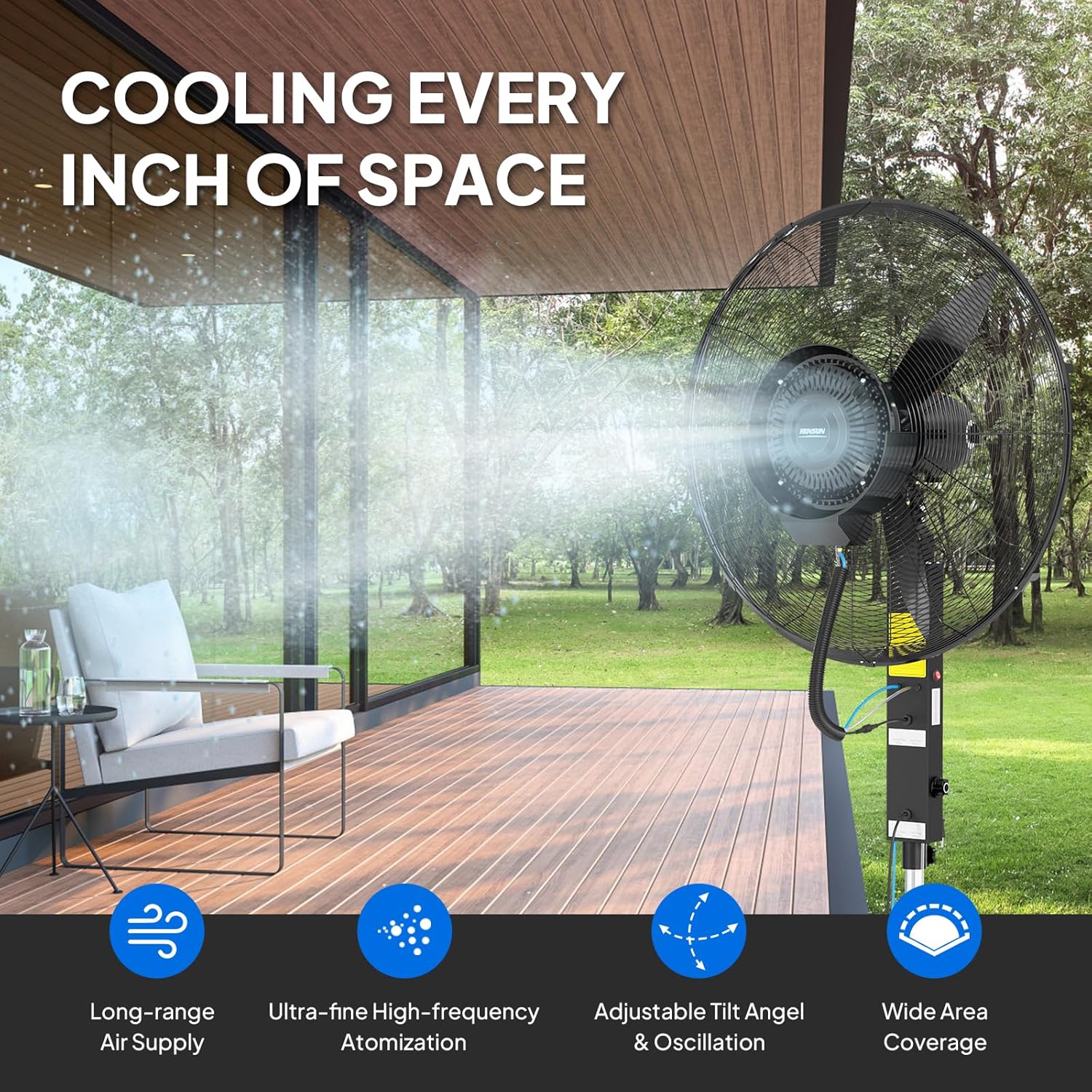 ROVSUN Max 6500CFM Misting Fan, 26Inch High Velocity Industrial Mister with 42L/11Gal Water Tank, 3 Speed Settings & Ajustable Mist Value, 60° Oscillation, For Outdoor Cooling, Patio, Barn, Greenhouse