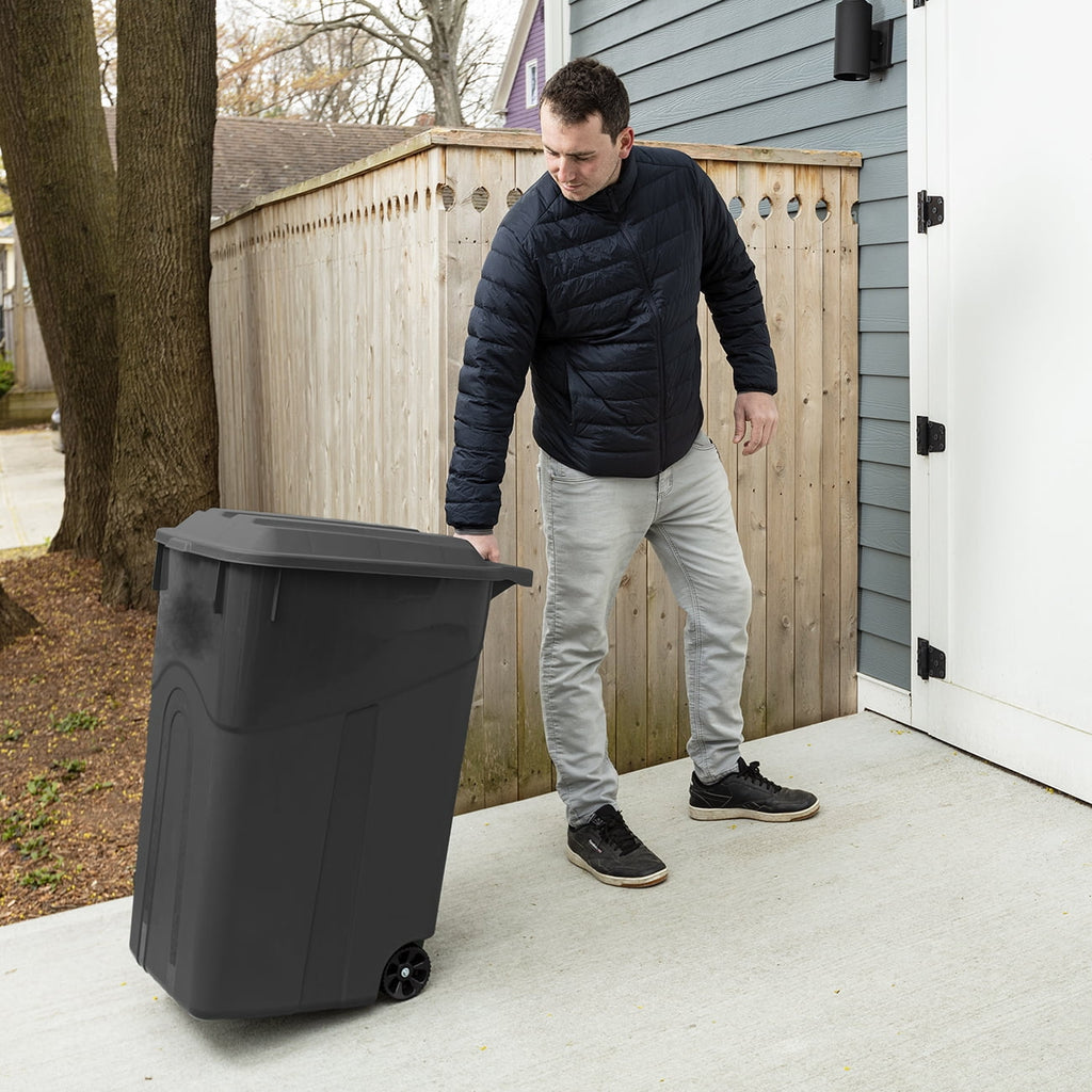 Hyper Tough 45 Gallon Wheeled Heavy Duty Plastic Garbage Can, Attached Lid, Black