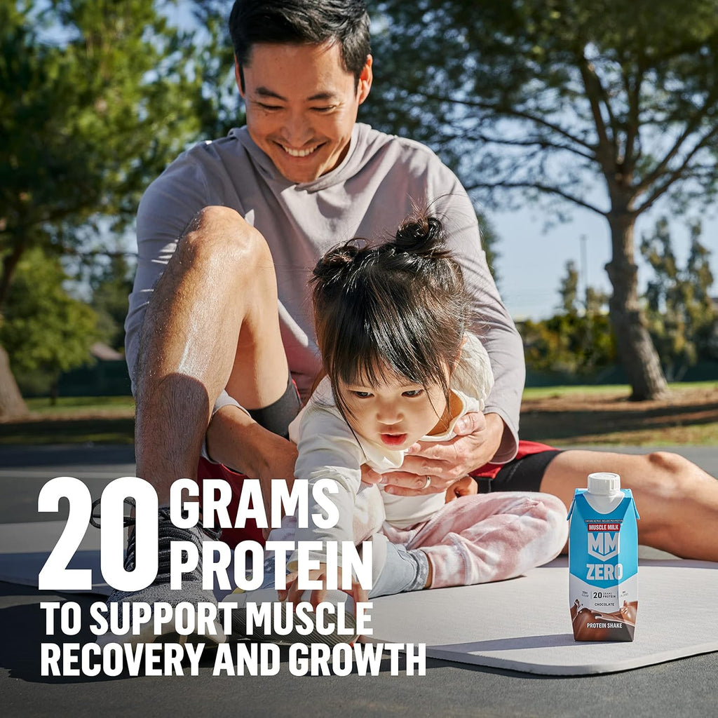 Muscle Milk Zero Protein Shake, Chocolate, 11.2 Fl Oz (Pack of 12), 20g Protein, Zero Sugar, 100 Calories, Calcium, Vitamins A, C & D, 4g Fiber, Energizing Snack, Workout Recovery, Packaging May Vary